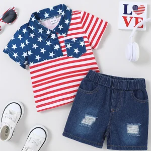 Boys Striped Flag Elements Polo Shirt ,