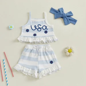baby Girl Fourth of July Outfits Sleeveless Ruffle Tank Tops + Shorts Set