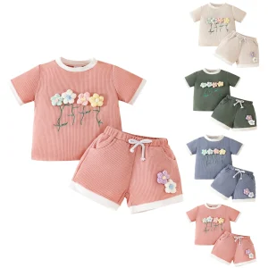 2Pcs Girls Clothes Set T-shirt Tops+ Shorts